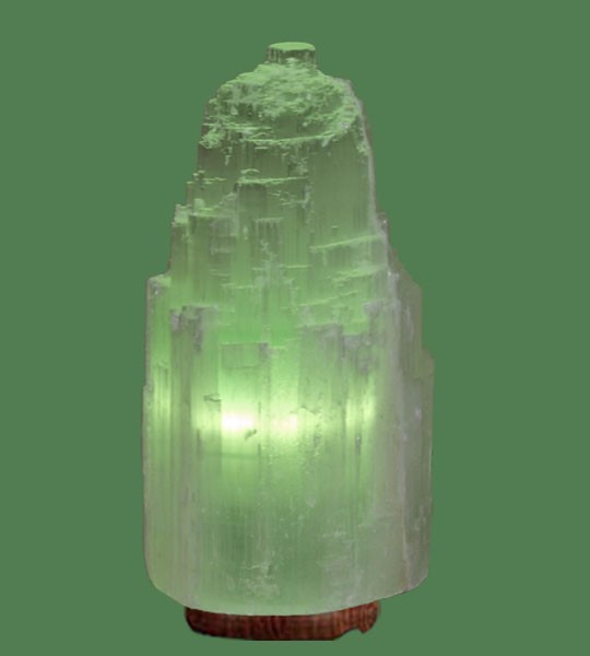 Selenite Lamp Large Green (White crystal with green bulb) 13"